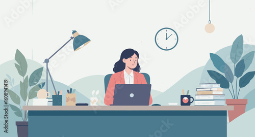 Woman working on laptop at her desk, perfect for websites, blogs, and presentations about productivity, remote work, or office life.