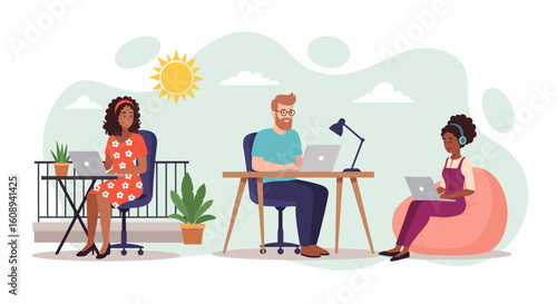 Diverse team working remotely on laptops, ideal for illustrating remote work, collaboration, or a technology company's website.