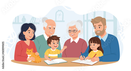Happy multigenerational family studying together at home. Perfect for family blogs, websites, and educational materials.