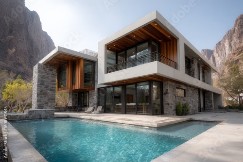 Modern architecture showcases a stunning home beside a serene pool in a mountainous landscape