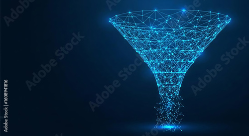 A glowing blue geometric network funnel illustrates a digital data filtering process in a futuristic business concept
