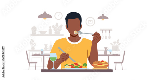 Man enjoying a healthy meal at home, perfect for blog posts about healthy eating or lifestyle.