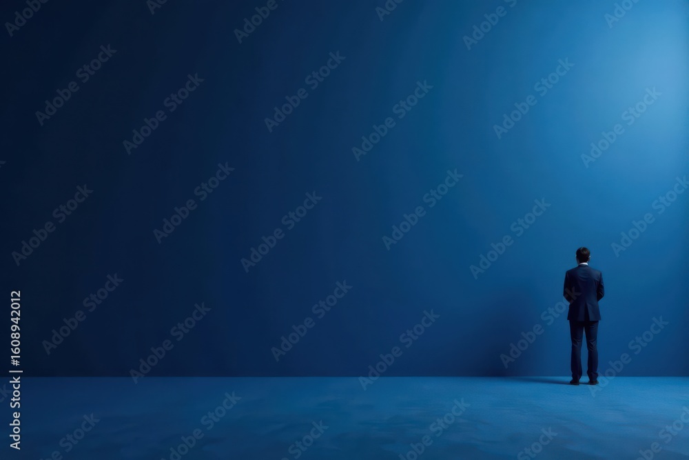 Fototapeta premium Contemplation Before a Vast Blue Wall A Businessman's Silent Reflection on Future Opportunities