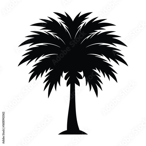 Black silhouette of a tropical palm tree on a white background