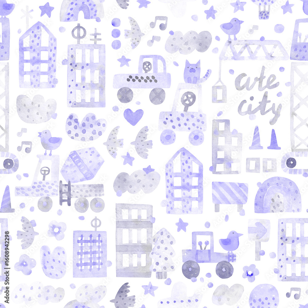 Fototapeta premium Watercolor city. Cartoon skyscraper, construction machines, trees, birds hand drawn illustration. Perfect for kids fabric, textile, nursery wallpaper. Lilac background.