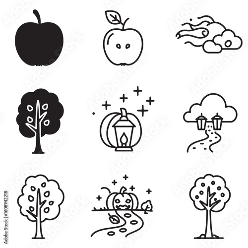 Black and white vector icons of fall and autumn elements with trees and pumpkins