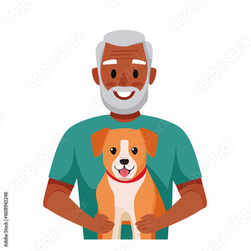 Cheerful senior man hugging his small dog. A heartwarming depiction of the special bond between a person and their pet companion.