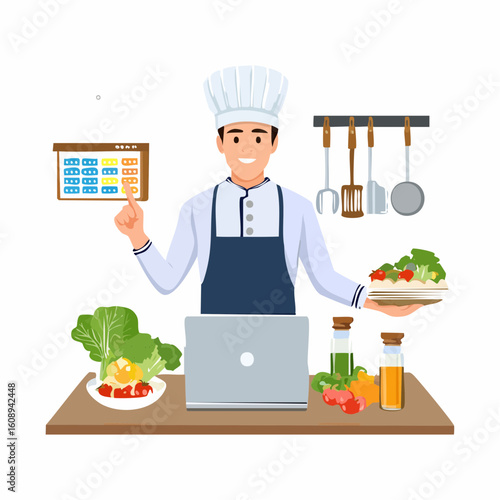Male chef character managing a weekly meal plan online with a laptop, surrounded by fresh healthy ingredients.