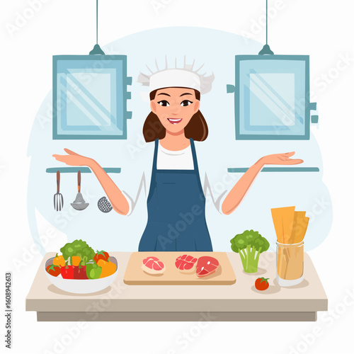 Happy female chef in a kitchen preparing a delicious meal with fresh meat, vegetables, and pasta. Culinary art illustration concept.