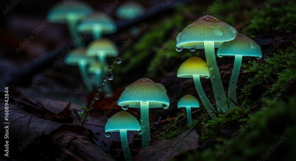 Fototapeta premium Glow-in-the-dark mushrooms in a forest