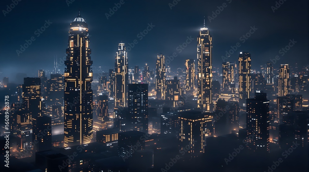 Fototapeta premium Gleaming futuristic city skyline at night with illuminated skyscrapers and vibrant urban glow