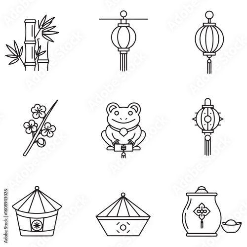 Elegant black and white chinese new year icon set on a clean white background