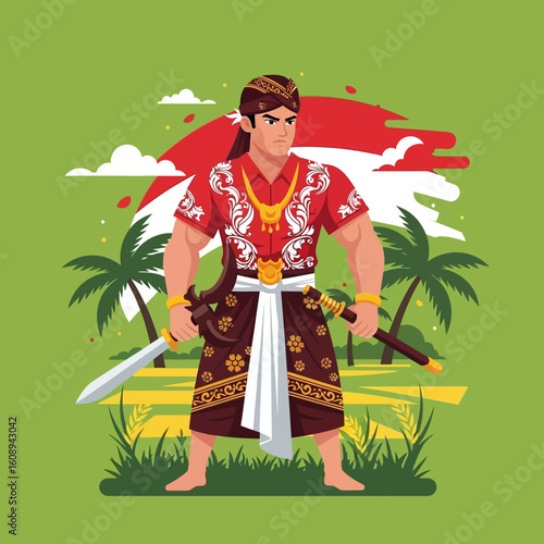A strong Indonesian man in traditional attire, holding weapons, set against a backdrop of rice paddies and Indonesian flag colors.