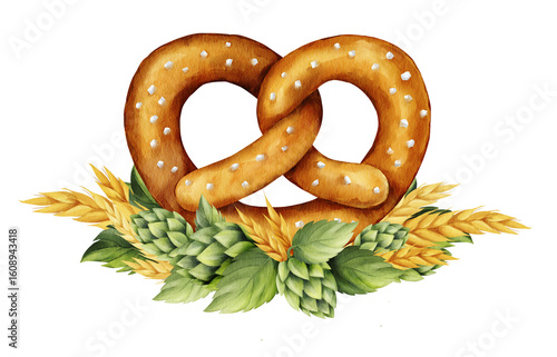 watercolor pretzel with hops and wheat clip art preview