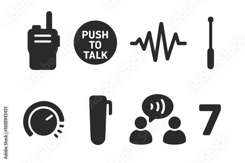Communication and audio device icons with push to talk and volume control symbols