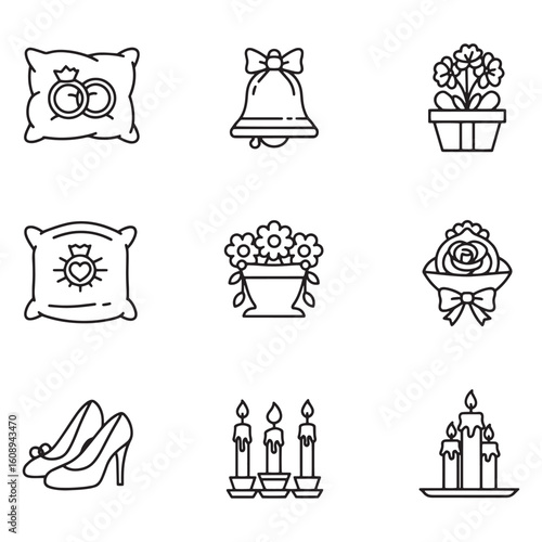 Elegant wedding icons in outline style featuring rings flowers shoes and decorative elements
