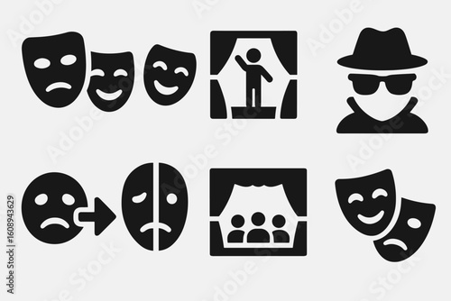 Theatrical icons: comedy and tragedy masks, performer, audience, disguise