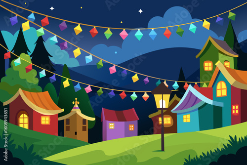 Colorful Light Strings on a Village Firewood Wall