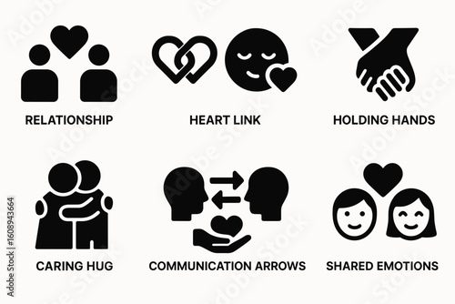 Relationship icons: connection, holding hands, caring hug, communication arrows, shared emotions