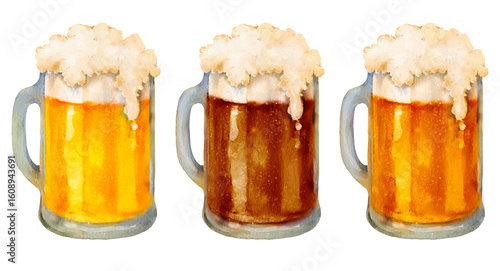 Three beer mugs filled with light, dark, and amber beer, topped with rich foam. Watercolor illustration of isolated on white background. For Oktoberfest, pub menus, brewing ads, beer-themed designs