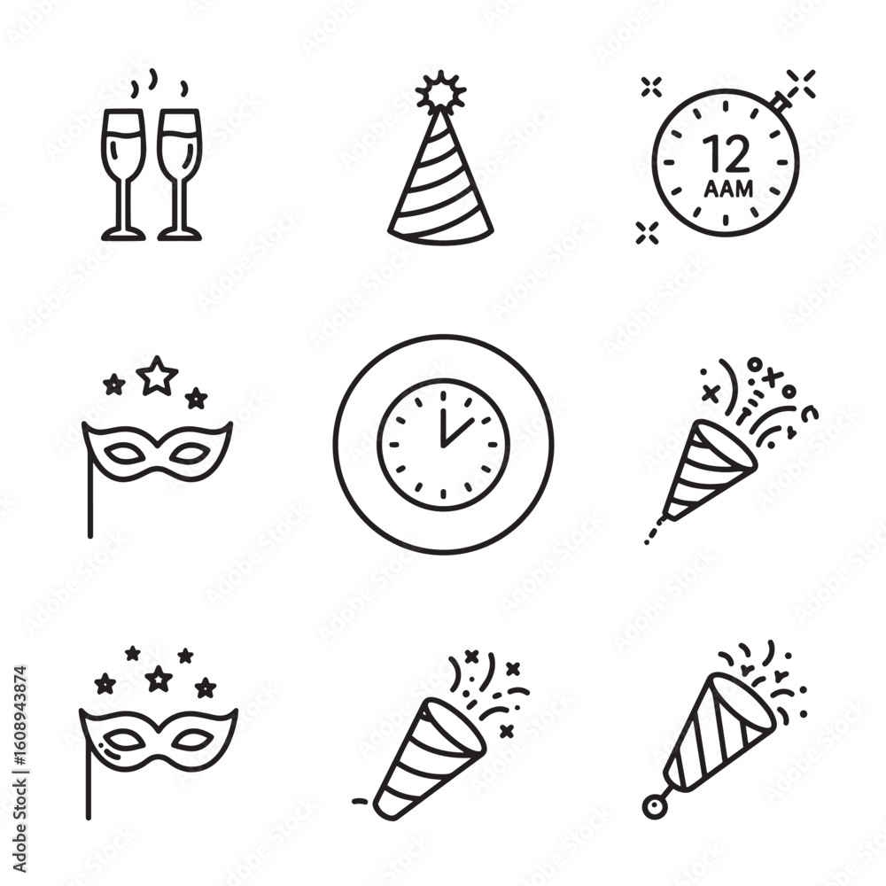 Fototapeta premium Festive new year and party icons in a simple outline style for invitations and designs
