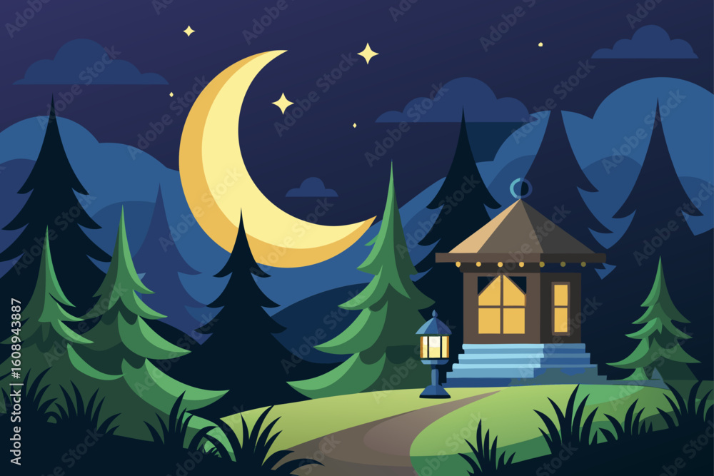 Fototapeta premium Crescent Moon and Lantern Over a Forest Hut