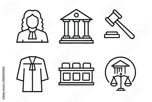 Legal icons: judge, courthouse, gavel, robe, courtroom, scales of justice