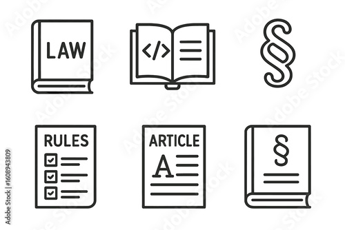 Legal document icons featuring law book and article symbols