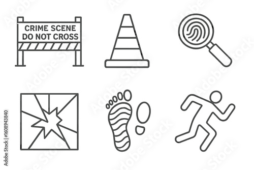 Crime scene elements icons set with fingerprint, barrier, broken glass, cone, footprint, outline