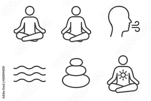 Simple meditation icons: yoga, breathing, zen stones, and calm symbols