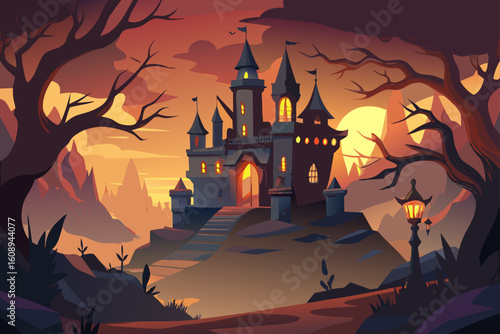 Dark Castle with Flickering Lanterns and a Shadowy Trail