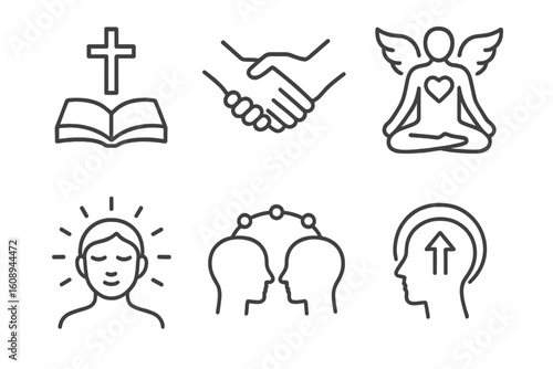 Spirituality and mindfulness symbols: cross, prayer, meditation, angel, enlightenment