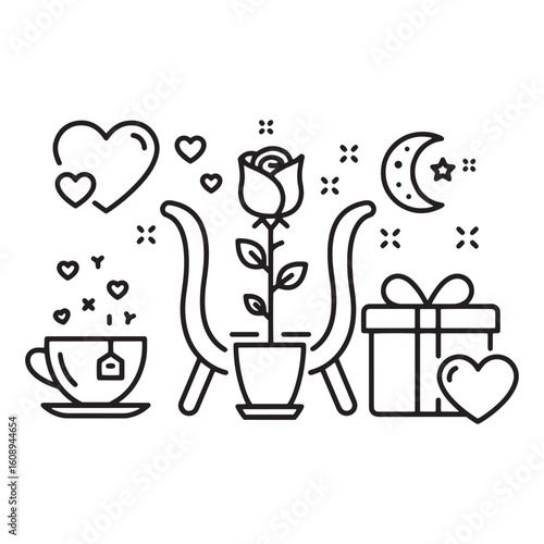 Romantic line art composition featuring hearts rose gift box moon and tea cup
