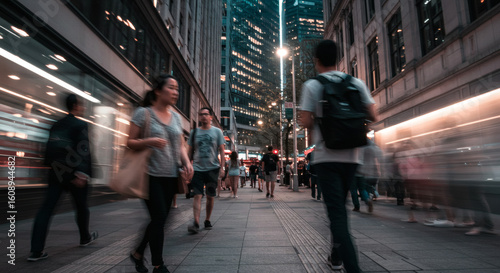 City pedestrians rush along a bustling urban sidewalk.