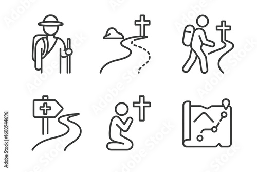 Pilgrimage journey icons set with cross, map, and hiking symbols