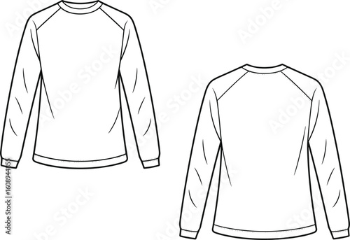 Blank Long Sleeve Raglan T-Shirt Front and Back View Vector Illustration, Isolated on White for Easy Customization, Flat Sketch.