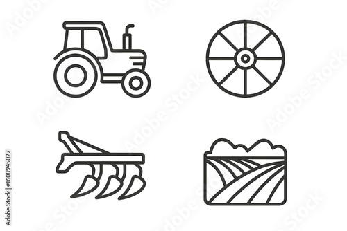 Agricultural icons: tractor, wheel, plow, landscape