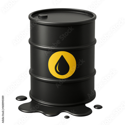 Power Production Hydrocarbon concept. Oil barrel with a yellow drop symbol and a spill on the ground.