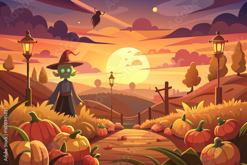 Pumpkin Patch Field Under an Orange Sunset