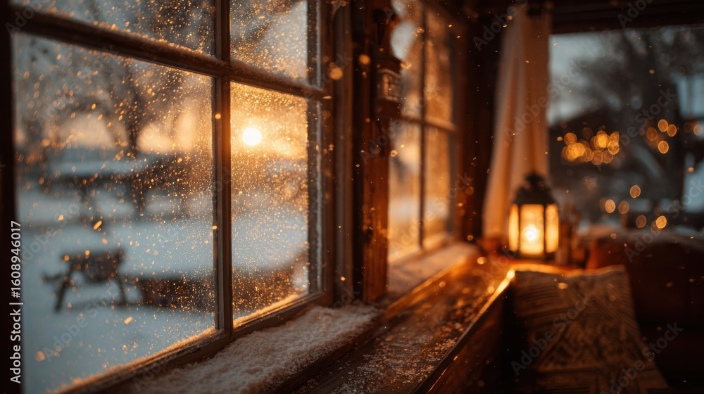 Obraz premium Charming Winter Scene of Snow Covered Window Framed by Frosty Patterns Evoking Cozy Atmosphere Inside