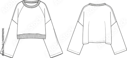 Crop sweatshirt technical flat sketch, long sleeve crewneck top front and back view, fashion illustration, loose fit casual wear

 flat vector illustration