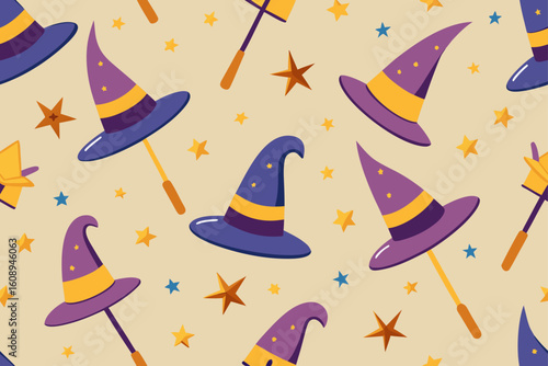 Seamless Pattern of Minimalist Witch Hats and Magic Wands