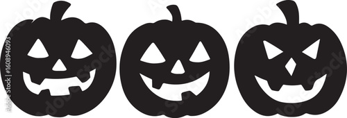 Three silhouetted halloween jack o lanterns with spooky faces
