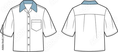 Professional Flat Sketch of a Short Sleeve Collared Shirt, Featuring a Single Chest Pocket and Contrast Collar Option, Ideal for Fashion Design, Technical Illustration, and Apparel CAD Templates.