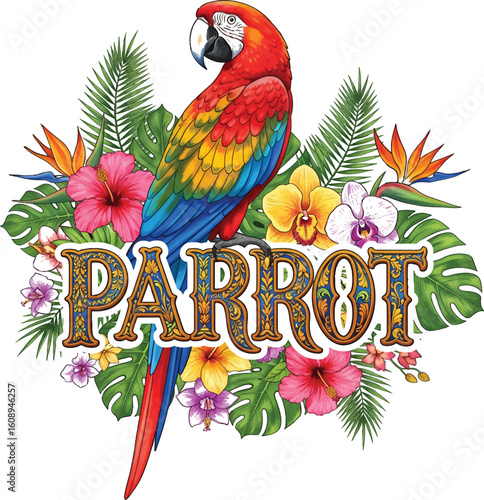 Vibrant Macaw Parrot Surrounded by Tropical Flowers and Plants