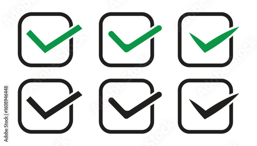 checkmark icon set, green and black variants in rounded square boxes