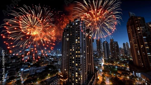 Fireworks exploding over a city skyline at night