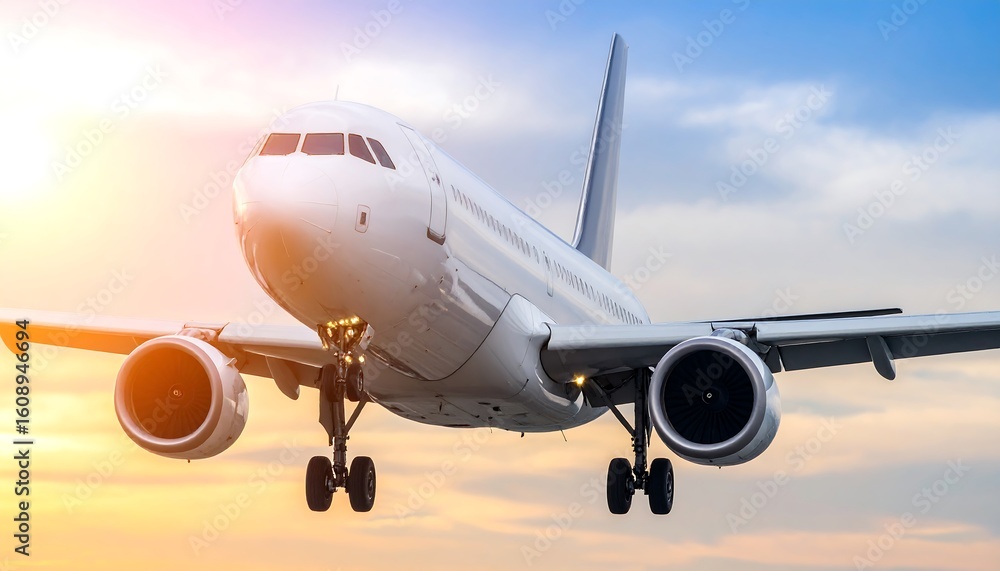 Obraz premium Airplane in flight at sunset