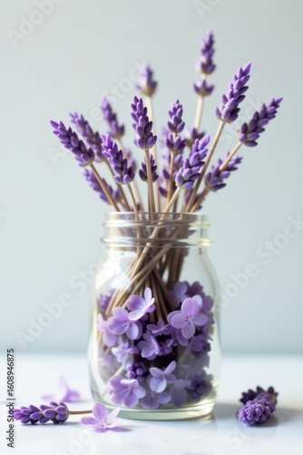 A delicate arrangement of purple blossoms in a clear glass jar, showcasing the vibrant hues and intricate details of the flowers, creating a serene and calming atmosphere.