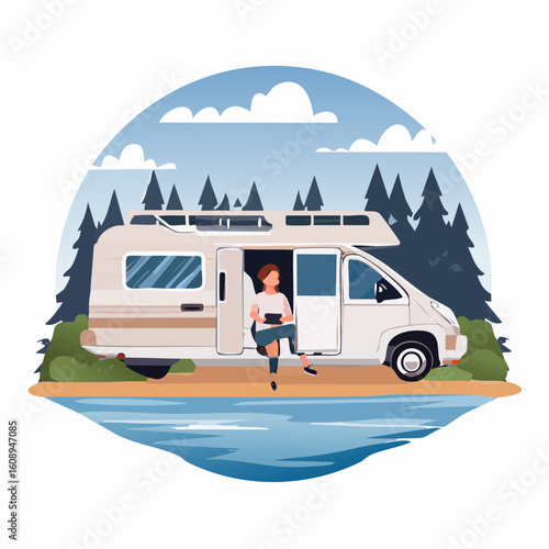 Woman relaxing with laptop outside her campervan by a lake, enjoying nature.